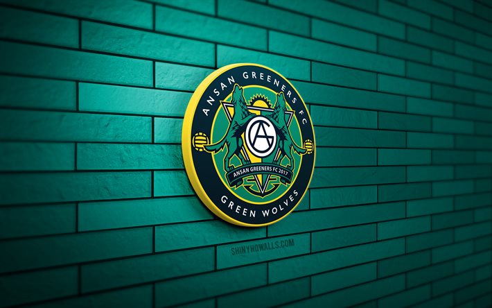 Ansan Greeners 3D logo, 4K, turquoise brickwall, K League 2, soccer, South Korean football club, Ansan Greeners logo, Ansan Greeners emblem, football, Ansan Greeners, sports logo, Ansan Greeners FC