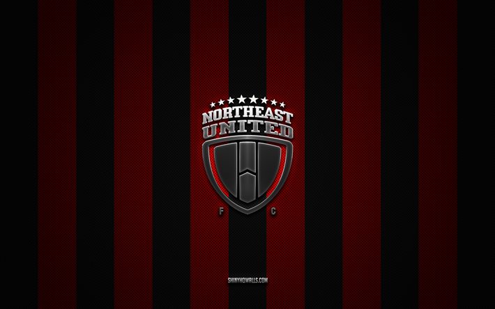 northeast united fc logo, indische fußballmannschaft, indische super league, roter schwarzer kohlenstoffhintergrund, northeast united fc emblem, isl, fußball, northeast united fc, indien, metalllogo von northeast united fc
