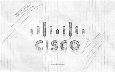 cisco sketch logo, 4k, karierter papierhintergrund, schwarzes cisco logo, marken, logo skizzen, cisco logo, bleistiftzeichnung, cisco