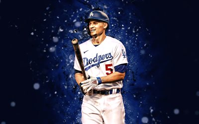 Corey Seager, 4k, blue neon lights, Los Angeles Dodgers, MLB, baseball, Corey Seager 4K, Major League Baseball, blue abstract rays, Corey Seager Los Angeles Dodgers, LA Dodgers