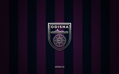 logo dell'odisha fc, squadra indiana di calcio, super league indiana, sfondo di carbonio blu viola, stemma dell'odisha fc, isl, calcio, odisha fc, india, logo odisha fc in metallo