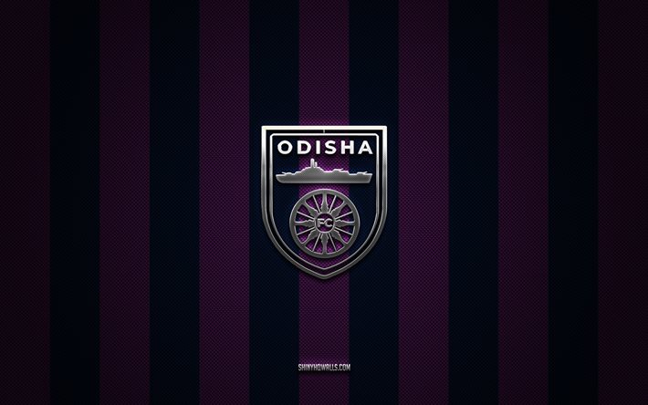 logotipo de odisha fc, equipo de fútbol indio, superliga india, fondo de carbono azul púrpura, emblema del fc odisha, isl, fútbol, odisha fc, india, logotipo metálico de odisha fc