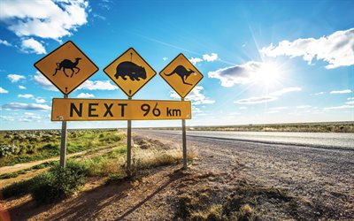 ナラボー平原, 4k, 道, 道路標識, プレーン, 冒険, 夏, オーストラリア, 美しい自然