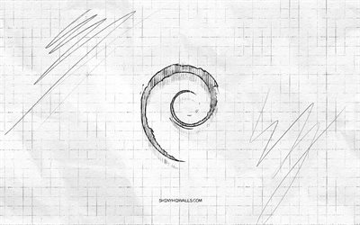 Debian sketch logo, 4K, checkered paper background, Linux, Debian black logo, brands, logo sketches, Debian logo, pencil drawing, Debian