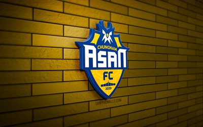 Chungnam Asan 3D logo, 4K, yellow brickwall, K League 2, soccer, South Korean football club, Chungnam Asan logo, Chungnam Asan emblem, football, Chungnam Asan, sports logo, Chungnam Asan FC