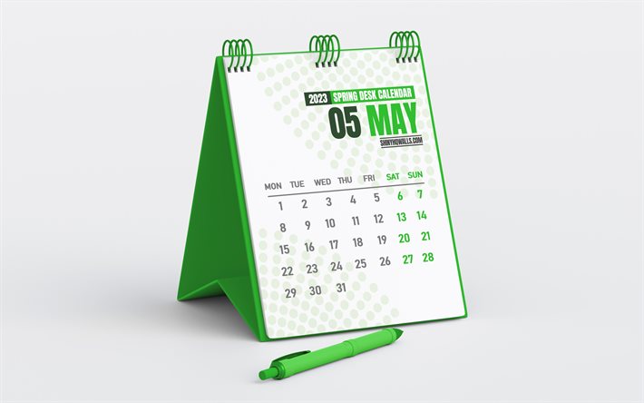 calendário de maio de 2023, calendário de mesa verde, minimalismo, poderia, fundo cinza, conceitos de 2023, calendários de primavera, calendário de maio de negócios de 2023, calendários de mesa 2023