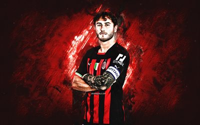 Davide Calabria, AC Milan, Italian football player, portrait, red stone background, Serie A, Italy, football