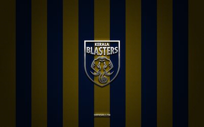 شعار kerala blasters fc, فريق كرة القدم الهندي, الدوري الهندي الممتاز, أصفر أزرق الكربون الخلفية, isl, كرة القدم, كيرالا بلاسترز, الهند, شعار kerala blasters fc المعدني