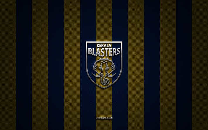 kerala blasters fc logo, indische fußballmannschaft, indische super league, gelber blauer kohlenstoffhintergrund, kerala blasters fc emblem, isl, fußball, kerala blasters fc, indien, kerala blasters fc metalllogo