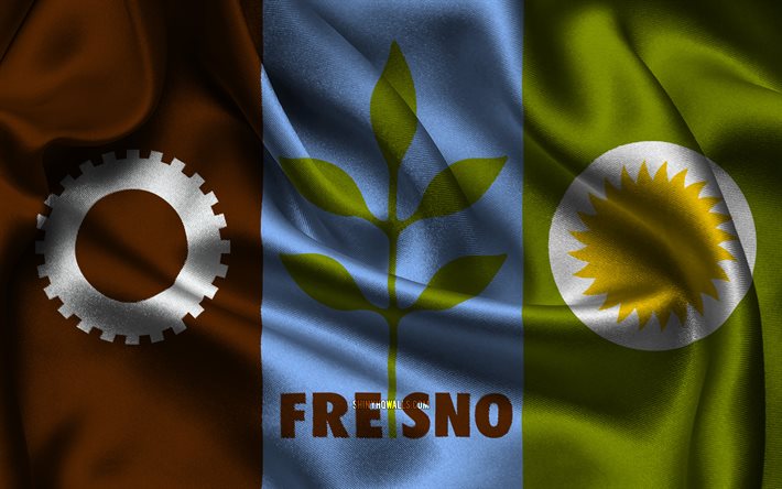 フレズノの旗, 4k, 米国の都市, サテンフラグ, フレズノの日, アメリカの都市, 波状のサテンの旗, カリフォルニアの都市, カリフォルニア州フレズノ, アメリカ合衆国, フレズノ