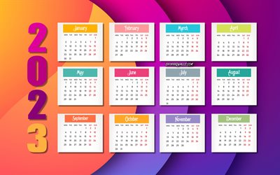 calendrier 2023 orange violet, 4k, tous les mois, calendrier 2023, concepts 2023, calendrier abstrait 2023, fond de cercles orange, calendrier 2023 tous les mois, art des cercles
