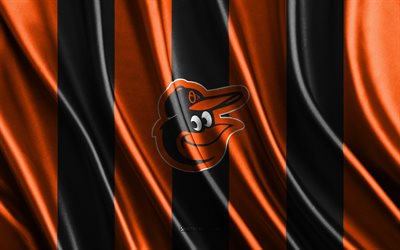 4k, Baltimore Orioles, MLB, black orange silk texture, Baltimore Orioles flag, American baseball team, baseball, silk flag, New York Mets emblem, USA, Baltimore Orioles badge