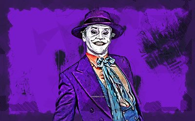Joker, 4k, grunge art, supervillain, fan art, creative, violet grunge background, Joker 4K, Cartoon Joker, artwork