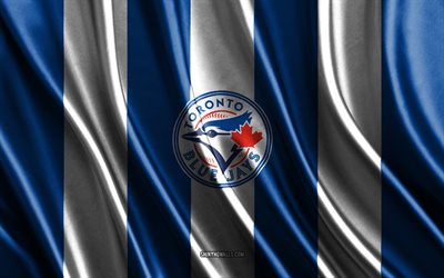 4k, Toronto Blue Jays, MLB, blue white silk texture, Toronto Blue Jays flag, Canadian baseball team, baseball, silk flag, Toronto Blue Jays emblem, USA, Toronto Blue Jays badge
