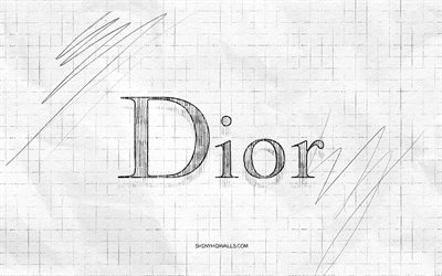ディオール スケッチ ロゴ, 4k, 市松模様の紙の背景, ディオール ブラック ロゴ, ブランド, ロゴスケッチ, ディオールのロゴ, 鉛筆画, ディオール