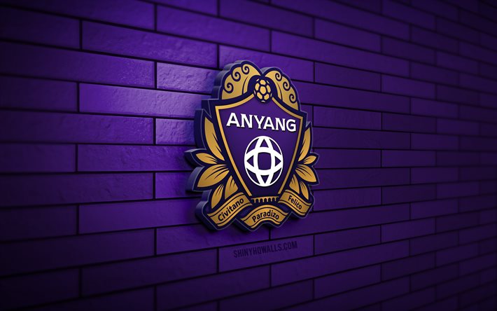 fc anyang logotipo 3d, 4k, pared de ladrillo violeta, liga k 2, fútbol, club de fútbol de corea del sur, logotipo del fc anyang, emblema fc anyang, fc anyang, logotipo deportivo, anyang fc