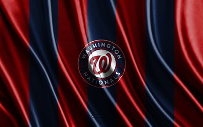 4k, Washington Nationals, MLB, blue red silk texture, Washington Nationals flag, American baseball team, baseball, silk flag, Washington Nationals emblem, USA, Washington Nationals badge