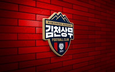 Gimcheon Sangmu 3D logo, 4K, red brickwall, K League 1, soccer, South Korean football club, Gimcheon Sangmu logo, Gimcheon Sangmu emblem, football, Gimcheon Sangmu, sports logo, Gimcheon Sangmu FC