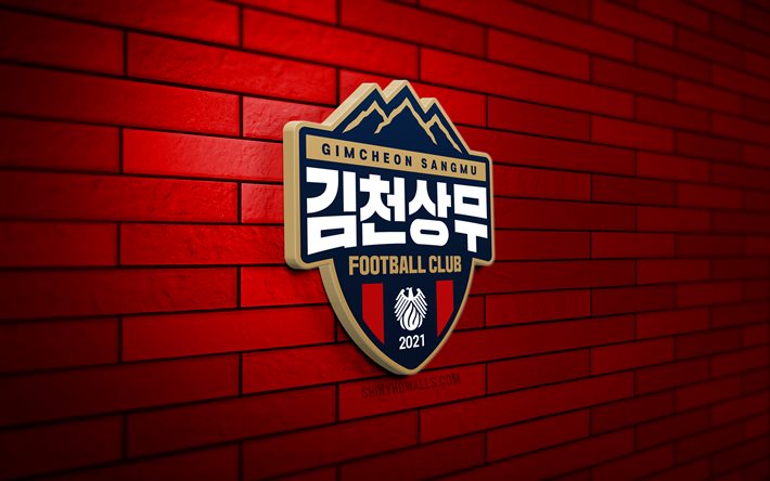 Gimcheon Sangmu 3D logo, 4K, red brickwall, K League 1, soccer, South Korean football club, Gimcheon Sangmu logo, Gimcheon Sangmu emblem, football, Gimcheon Sangmu, sports logo, Gimcheon Sangmu FC