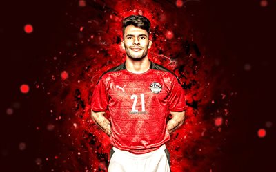 Ahmed Sayed, 4k, red neon lights, Egypt National Football Team, soccer, footballers, red abstract background, Zizo, Egyptian football team, Ahmed Sayed 4K, CAF