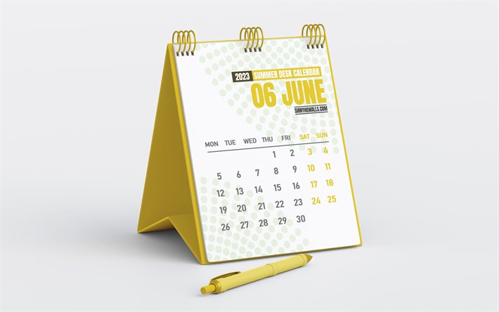 calendrier juin 2023, calendrier de bureau jaune, minimalisme, juin, fond gris, concepts 2023, calendriers d'été, calendrier des affaires de juin 2023, calendriers de bureau 2023