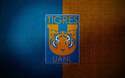 ティグレス uanl バッジ, 4k, 青オレンジ色の布の背景, リーガ mx, ティグレス uanl ロゴ, ティグレス uanl エンブレム, スポーツのロゴ, メキシカン フットボール クラブ, ティグレス uanl, サッカー, フットボール, ティグレス uanl fc