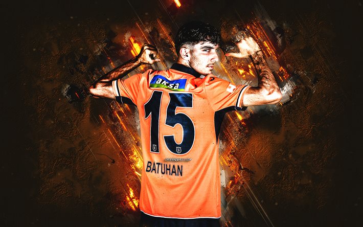 Batuhan Celik, Istanbul Basaksehir, portrait, Turkish football player, orange stone background, Turkey, football, Basaksehir