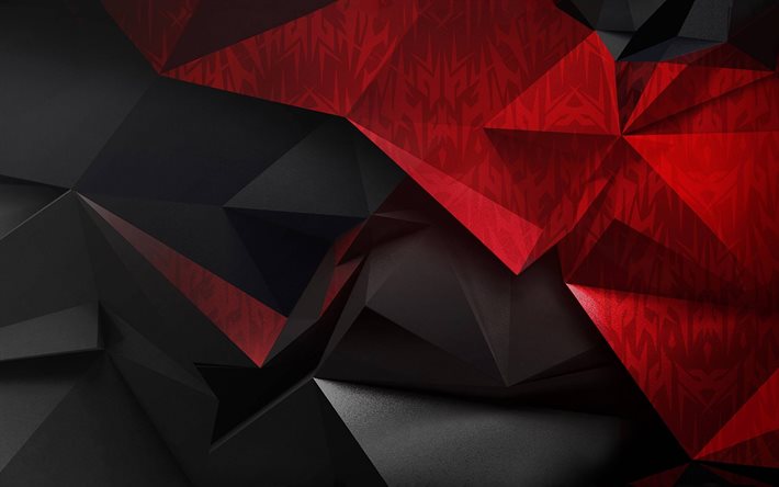 rote schwarze polygonabstraktion, hintergrund der roten schwarzen dreiecke, polygon hintergrund, geometrische abstraktion, kreativer roter schwarzer hintergrund, abstraktion hintergrund