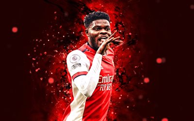 Thomas Partey, 4k, red neon lights, Arsenal FC, Ghanaian footballers, soccer, Premier League, Thomas Partey 4k, red abstract background, football, The Gunners, Thomas Partey Arsenal