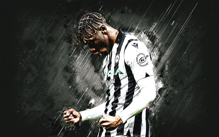 Destiny Udogie, Udinese Calcio, italian soccer player, white stone background, Serie A, Italy, soccer, Udinese