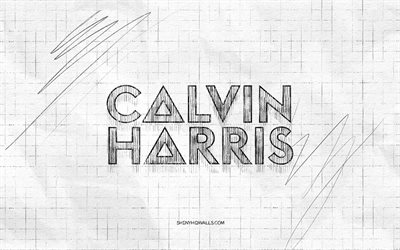 カルヴィン・ハリスのスケッチのロゴ, 4k, 市松模様の紙の背景, スコットランドのdj, カルバン・ハリスの黒のロゴ, 音楽スター, ロゴスケッチ, カルヴィン・ハリスのロゴ, 鉛筆画, カルヴィン・ハリス