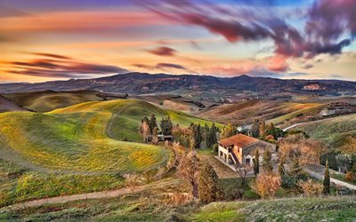 toscana, valle, sera, tramonto, cielo arancione, autunno, alberi, paesaggio autunnale, italia