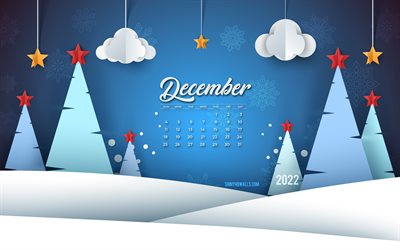 December 2023 Calendar, 4k, winter landscape, 2023 concepts, winter origami background, 2023 December Calendar, December, winter background