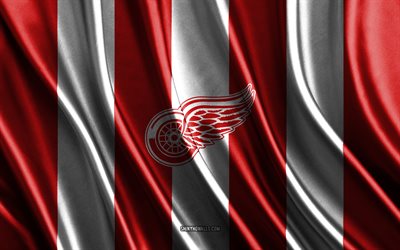 4k, ali rosse di detroit, nhl, trama di seta bianca rossa, bandiera delle ali rosse di detroit, squadra di hockey americana, hockey, bandiera di seta, stemma delle ali rosse di detroit, stati uniti d'america, distintivo delle ali rosse di detroit