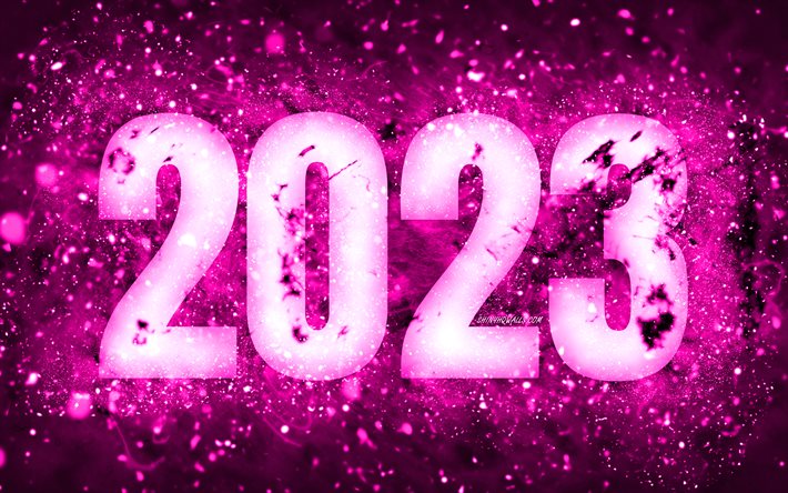 4k, 2023년 새해 복 많이 받으세요, 보라색 네온 불빛, 2023년 컨셉, 네온 아트, 창의적인, 2023 보라색 배경, 2023년, 2023 보라색 숫자