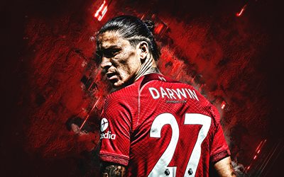 Darwin Nunez, portrait, Liverpool FC, Uruguayan footballer, forward, red stone background, Nunez Liverpool, Premier League, England, football