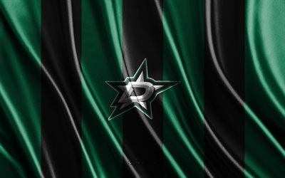 4k, stelle di dallas, nhl, trama di seta nera verde, bandiera delle stelle di dallas, squadra di hockey americana, hockey, bandiera di seta, stemma dei dallas stars, stati uniti d'america, distintivo dei dallas stars