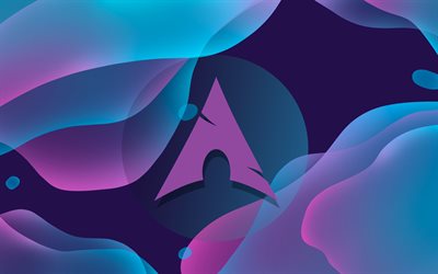 4k, arch linux logo violet, créatif, violet abstrait, logo arch linux, systèmes d exploitation, linux, arch linux