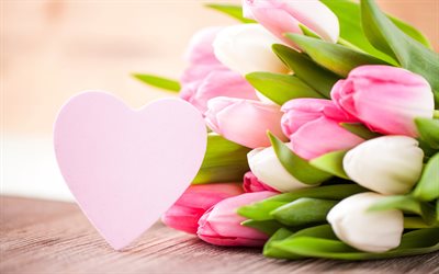 heart greeting card, 4k, pink tulips, bouquet of tulips, spring flowers, bokeh, Valentines Day, pink flowers, tulips, love concepts, beautiful flowers, pink greeting card, backgrounds with tulips, pink buds, hearts
