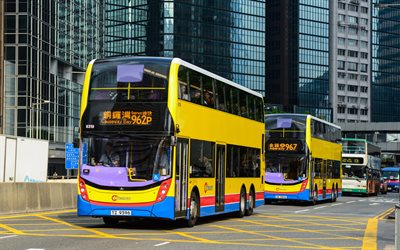 alexander dennis enviro500, 4k, straße, 2020 busse, doppeldeckerbusse, gelber bus, personenbeförderung, elektrobusse, personenbus, alexander dennis