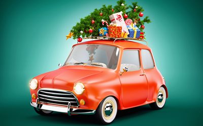 car with Christmas tree, New Year, buying gifts, buying Christmas tree, Merry Christmas, Happy New Year, Christmas concepts, red car