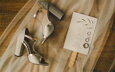 結婚式, 花嫁介添人の靴, 結婚指輪, 結婚式招待状, ウェディングドレス, 結婚式の招待状の背景, 結婚式のコンセプト