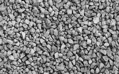 4k, pedra britada, cascalho cinza, pedras cinzentas, texturas de cascalho, texturas de pedra, fundo com cascalho, pedras, cascalho