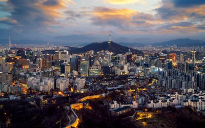 4k, Seoul, evening, sunset, N Seoul Tower, Namsan Tower, Seoul cityscape, Seoul panorama, South Korea