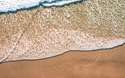 4k, aerial view, sea waves, foam, wet sand, empty beach, coast, summer, beautiful nature, sand, waves, sea, summer travel