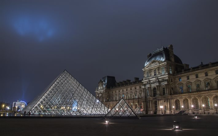 ルーブル美術館, パリ, ガラスのピラミッド, 夜, ルーブル宮殿, 日没, ルーバー, パリのランドマーク, フランス