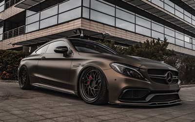 메르세데스-amg c63 s 쿠페, z-성능, 전면보기, 외부, c급, 브라운 매트 c63, c급 튜닝, 독일 자동차, 메르세데스-벤츠