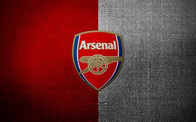 Arsenal FC badge, 4k, red white fabric background, Premier League, Arsenal FC logo, Arsenal FC emblem, sports logo, Arsenal FC flag, italian football club, Arsenal, soccer, football, Arsenal FC