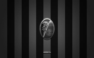SC Freiburg logo, German football club, Bundesliga, black white carbon background, SC Freiburg emblem, football, SC Freiburg, Germany, SC Freiburg silver metal logo