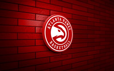 atlanta hawks logotipo 3d, 4k, parede de tijolos vermelhos, nba, basquete, atlanta hawk logotipo, time de basquete americano, logotipo esportivo, atlanta hawk